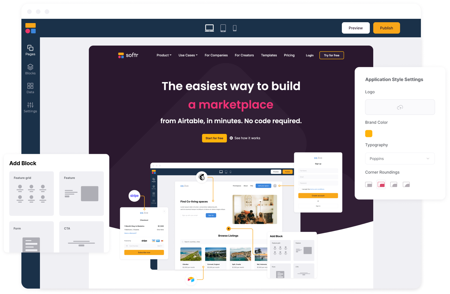 softr homepage and features