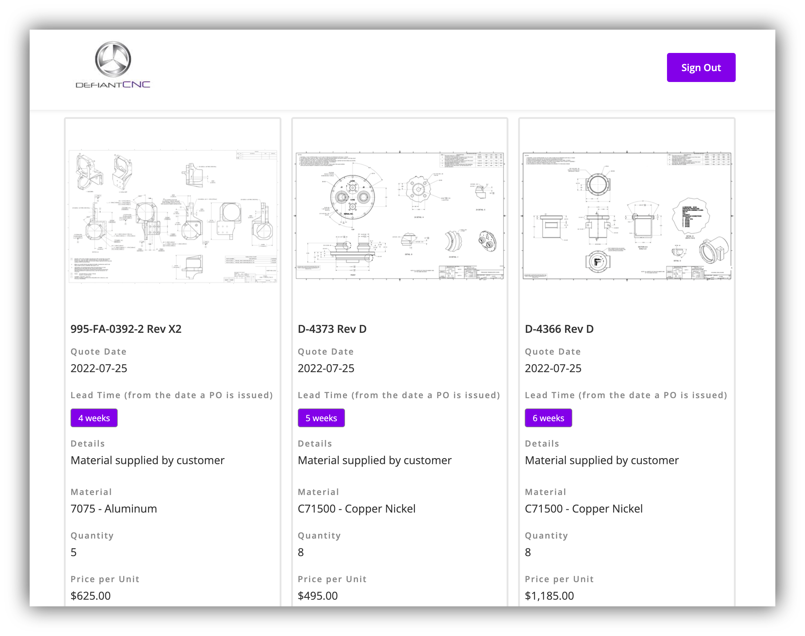 the list of quotes in defiant cnc's client portal